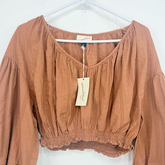 Universal Thread Rust Brown Cropped Puff Sleeve Peasant Blouse NEW - Picture 2 of 13